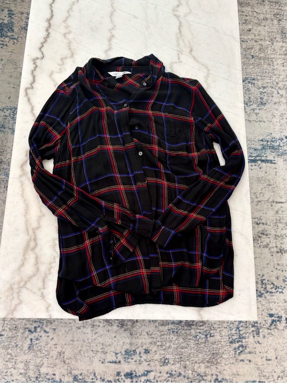Old Navy Black Plaid Button-Down Shirt with Red and Blue Lines